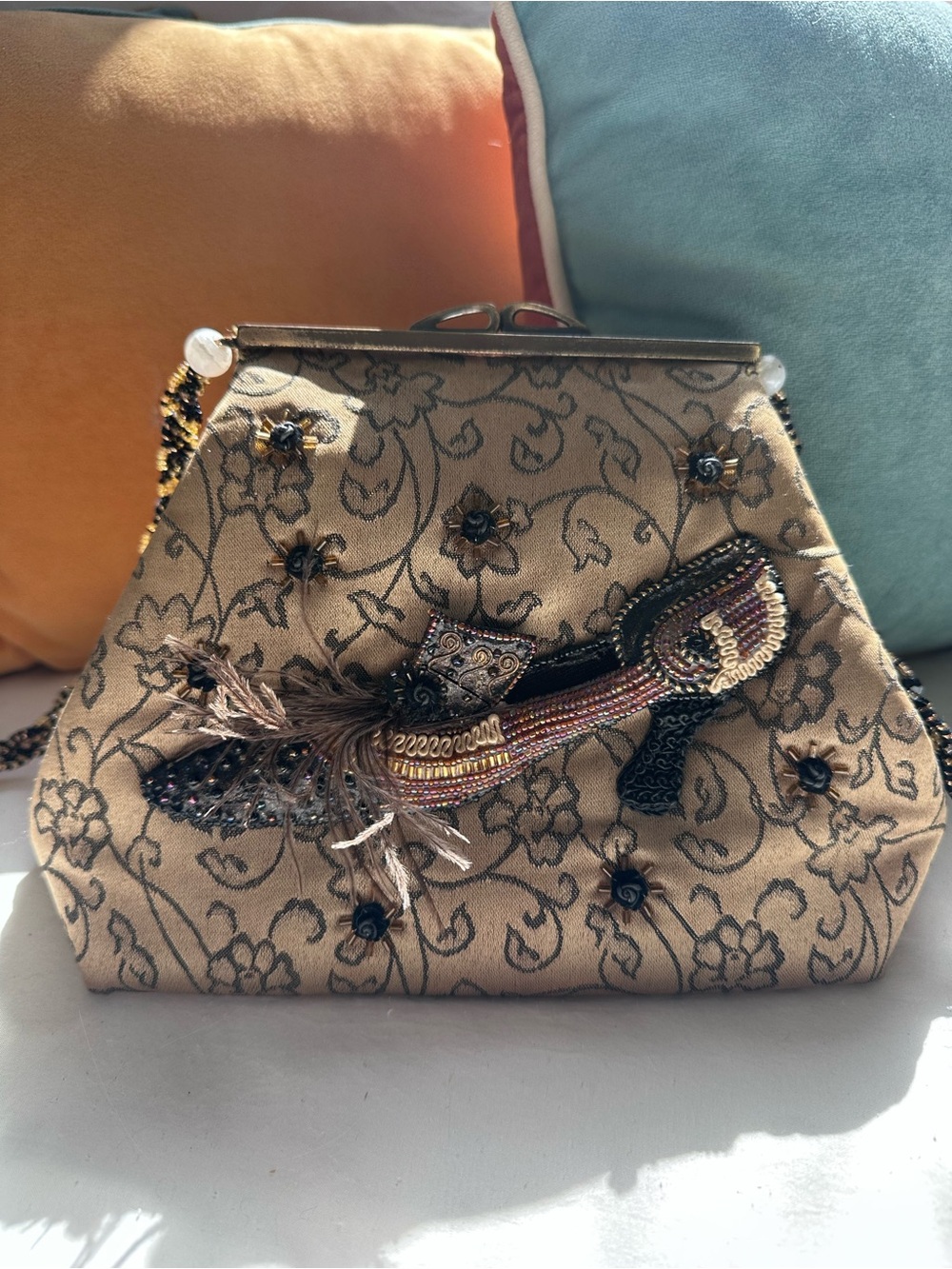 Beaded Embroidered Beige Evening Bag with Bird Appliqué